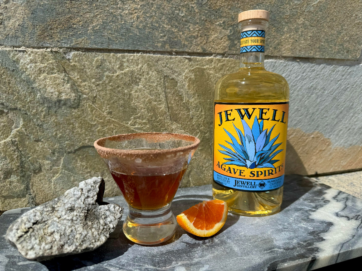 photo of agave spirit bottle and a glass with a slice of orange